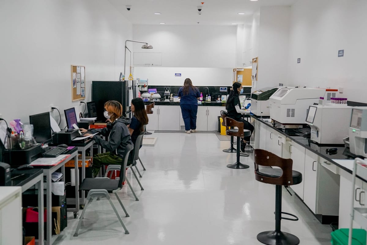 Laboratory overview with diagnostic equipment and organized counters